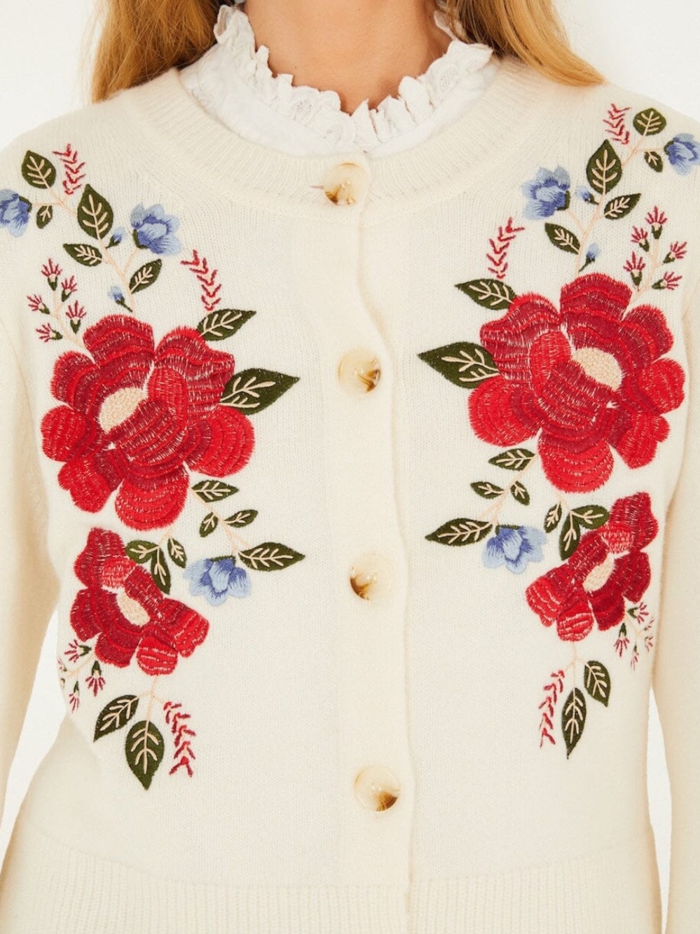 NWT FARM Rio Cream Embroidered Flowers Buttoned Knit Cardigan S - Picture 2 of 6
